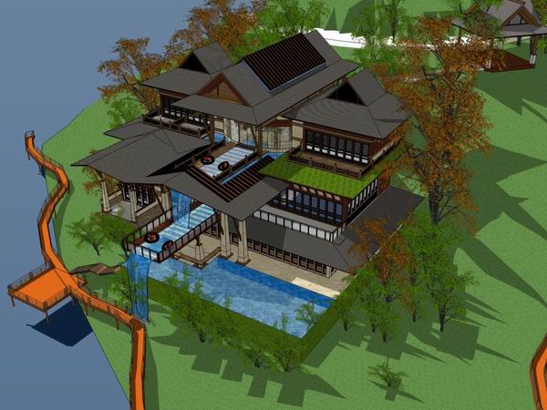 Sketchup别墅模型|独栋别墅，东南亚风格