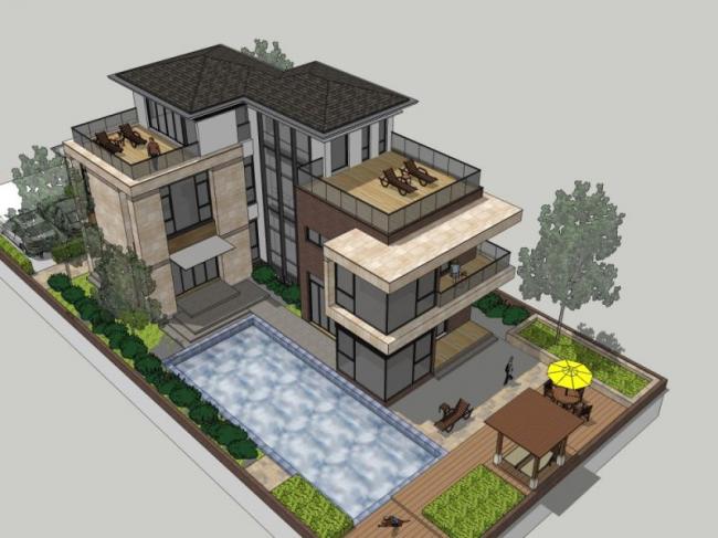 Sketchup别墅模型|叠拼别墅，现代风格