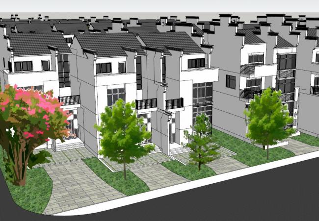 Sketchup别墅模型|徽派别墅区，古典风格