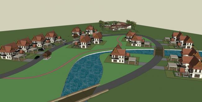 Sketchup别墅模型|独栋别墅群，东南亚古典风格