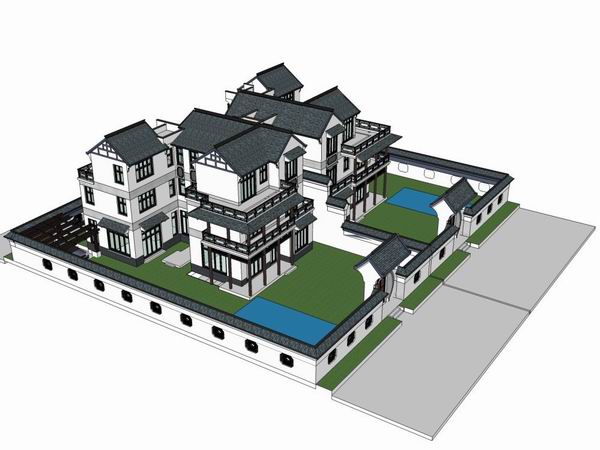 Sketchup别墅模型|双拼别墅，古典风格