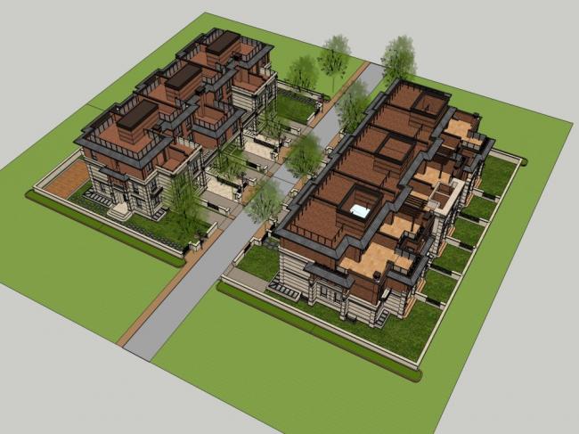 Sketchup别墅模型|联排别墅，现代风格，多层