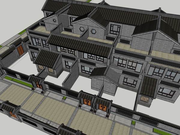 Sketchup别墅模型|中式联排别墅，古典风格