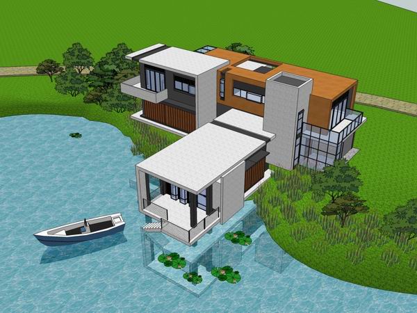 Sketchup别墅模型|独栋山地临湖别墅，现代风格
