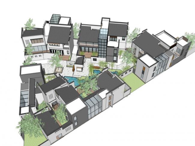 Sketchup别墅模型|别墅住宅群体，中式现代