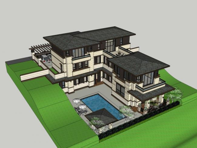 Sketchup别墅模型|独栋别墅，古典风格