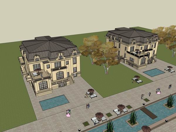 Sketchup别墅模型|联排别墅，古典风格