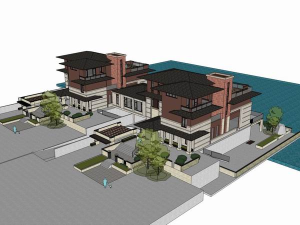 Sketchup别墅模型|双拼别墅，现代中式风格