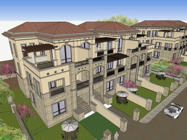 Sketchup别墅模型|联排别墅，古典风格