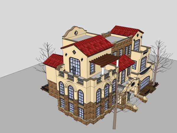 Sketchup别墅模型|独栋别墅，古典风格