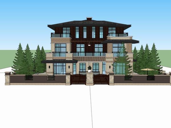 Sketchup别墅模型|双拼别墅，中式古典风格