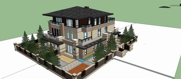 Sketchup别墅模型|双拼别墅，中式古典风格