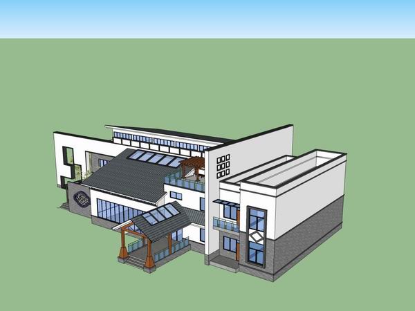 Sketchup别墅模型|独栋别墅，现代中式风格