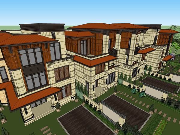 Sketchup别墅模型|联排别墅，古典风格