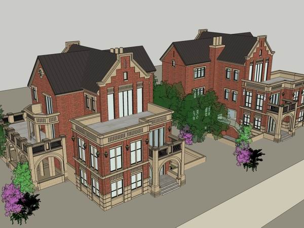 Sketchup别墅模型|双拼别墅，古典风格