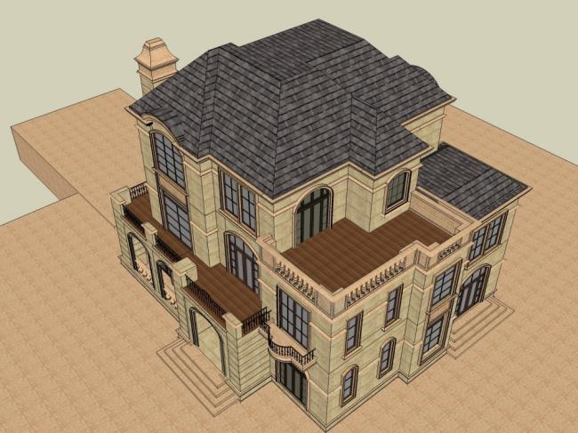 Sketchup别墅模型|双拼别墅，古典风格