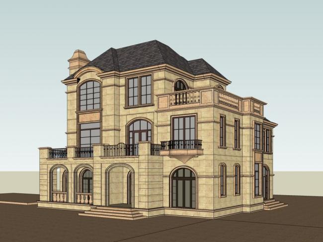 Sketchup别墅模型|双拼别墅，古典风格