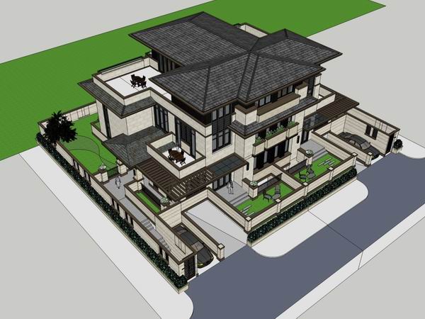 Sketchup别墅模型|双拼别墅，现代中式风格