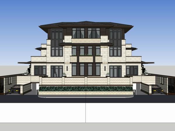 Sketchup别墅模型|双拼别墅，现代中式风格