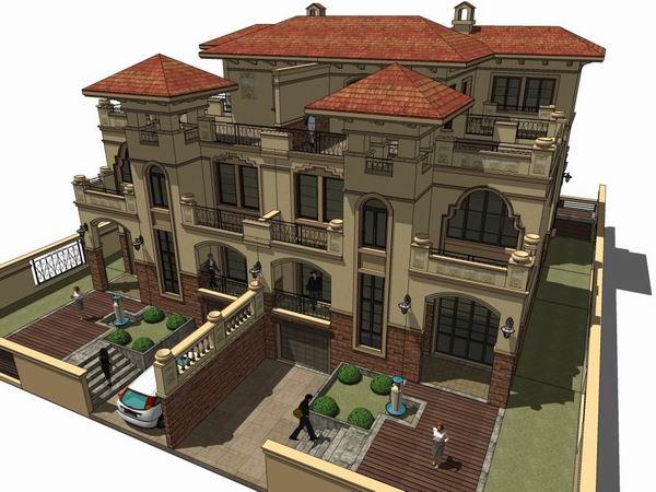 Sketchup别墅模型|双拼别墅，古典风格