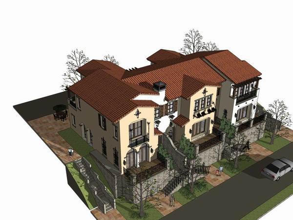 Sketchup别墅模型|联排别墅，古典风格