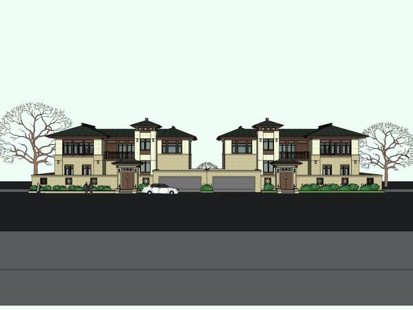 Sketchup别墅模型|双拼别墅，古典风格