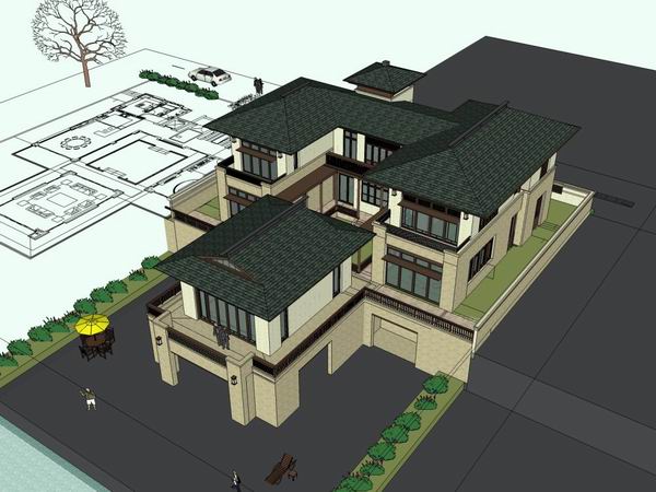 Sketchup别墅模型|独栋别墅，古典风格