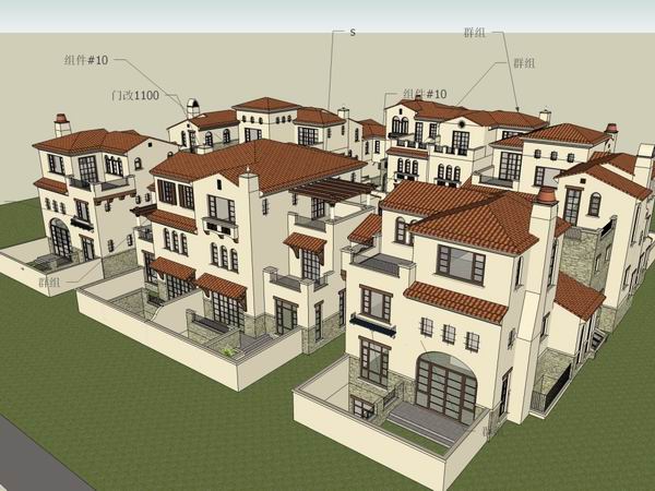 Sketchup别墅模型|联排别墅合院，西班牙古典风格