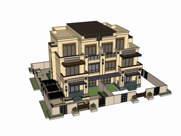 Sketchup别墅模型|双拼别墅，现代风格