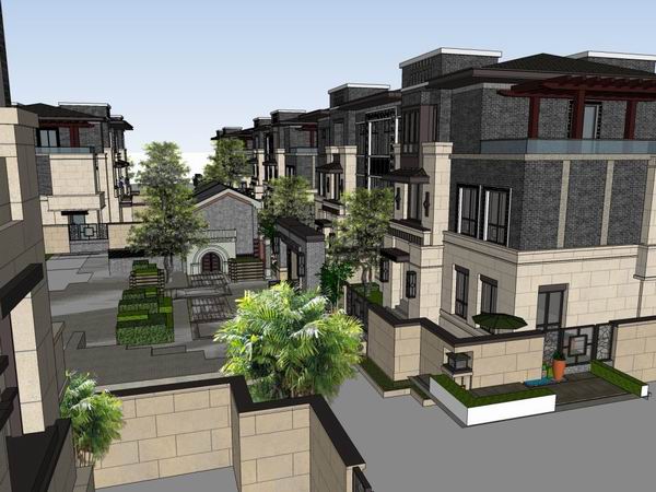 Sketchup别墅模型|联排别墅住宅群，古典风格