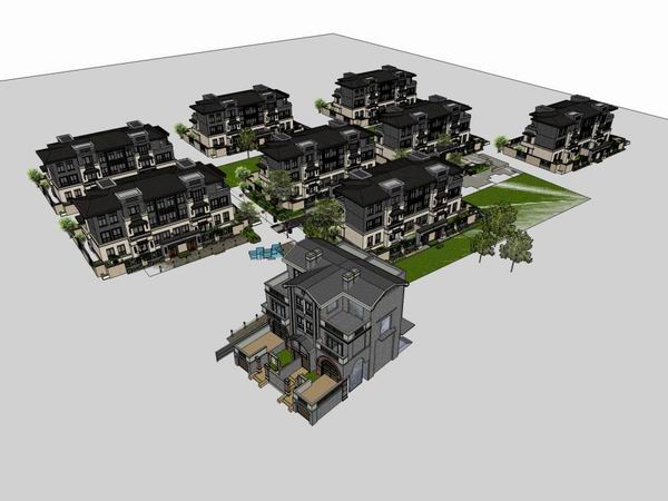 Sketchup别墅模型|联排别墅住宅群，古典风格