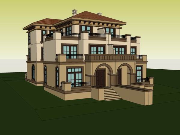 Sketchup别墅模型|双拼别墅，古典风格