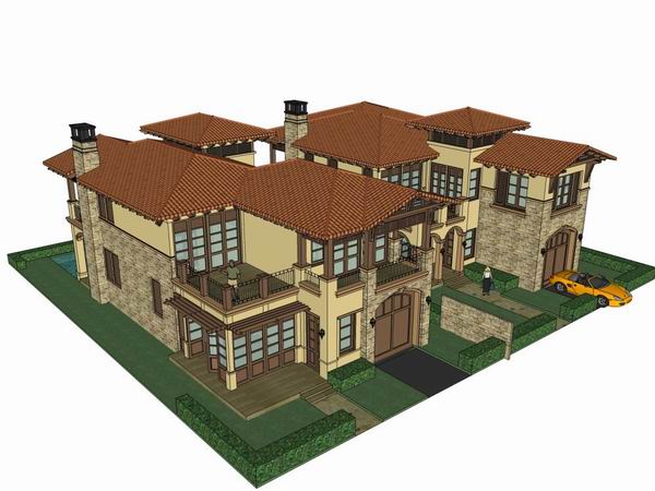 Sketchup别墅模型|双拼别墅，古典风格