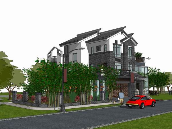 Sketchup别墅模型|徽派别墅，古典风格