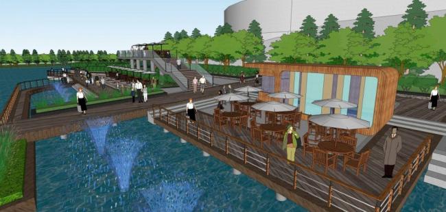 Sketchup景观模型|滨水广场，景观，水坝，商业建筑，单层会所，现代风格