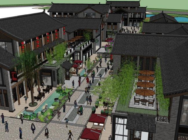 Sketchup商业模型|商业街，新中式风格