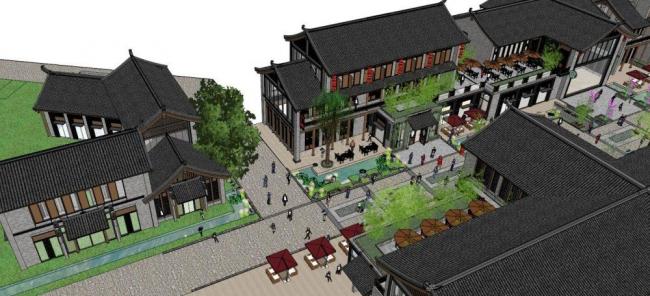 Sketchup商业模型|商业街，新中式风格