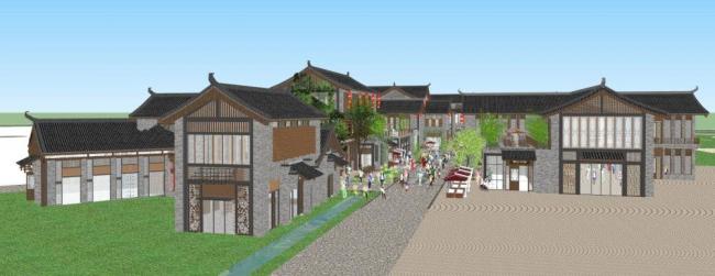 Sketchup商业模型|商业街，新中式风格