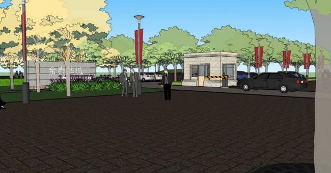 Sketchup景观模型|入口景观，城市小品，单层，保安室，停车场，路灯，现代风格