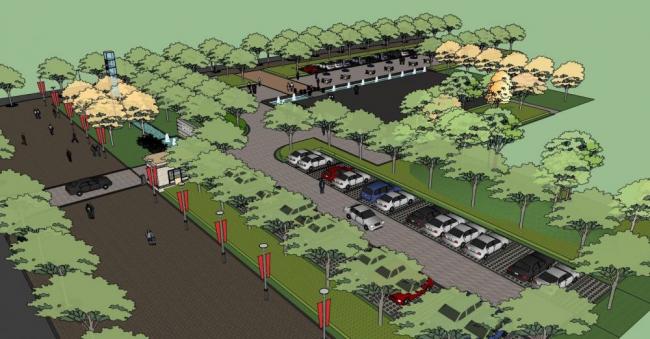 Sketchup景观模型|入口景观，城市小品，单层，保安室，停车场，路灯，现代风格