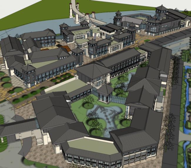 Sketchup酒店模型|民俗风情度假村，新中式风格，酒店