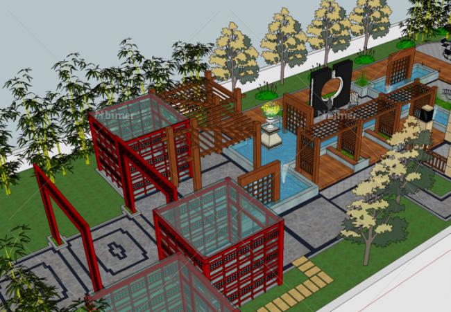 Sketchup景观模型|会所，花园景观，现代风格