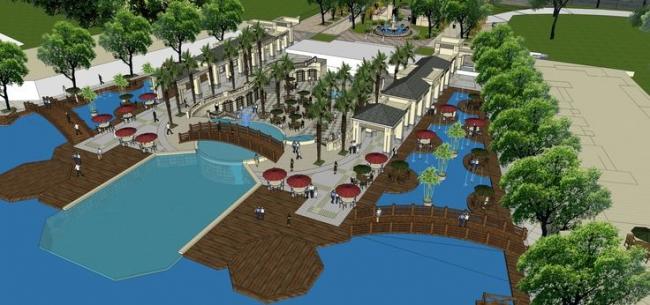 Sketchup景观模型|商业建筑，会所景观，古典风格，水景，小品