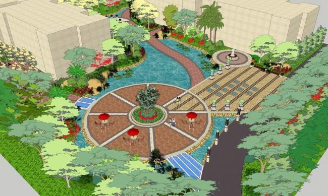 Sketchup景观模型|小区广场景观，现代风格