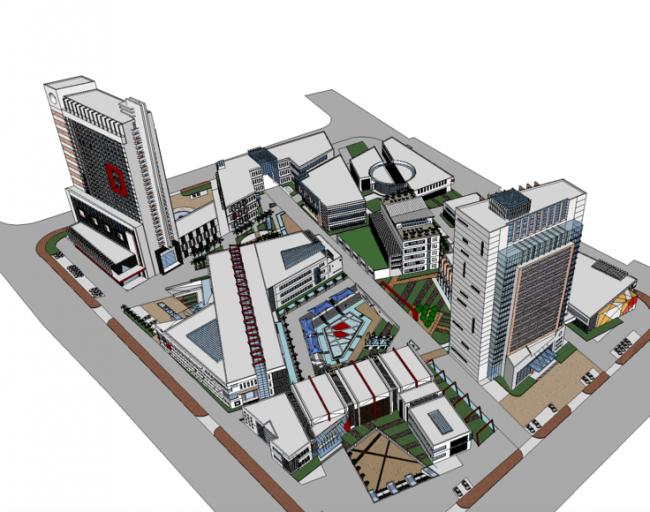 Sketchup综合体模型|城市综合体规划，购物中心，高层写字楼，办公酒店，公寓，现代风格