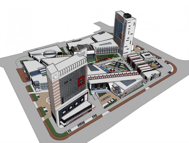Sketchup综合体模型|城市综合体规划，购物中心，高层写字楼，办公酒店，公寓，现代风格