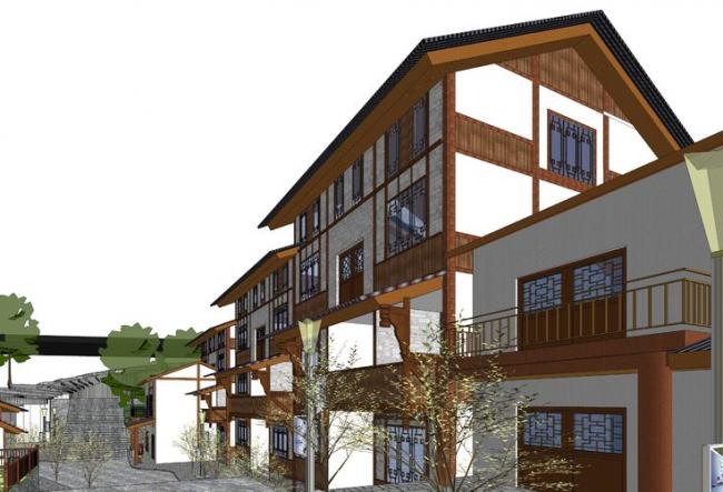 Sketchup酒店模型|民族风吊脚楼，酒店建筑群，商业建筑，山地，新中式风格