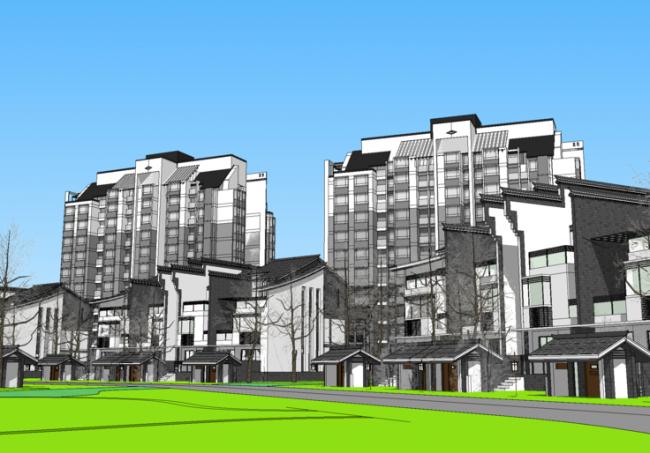 Sketchup住宅模型|徽派，新中式风格，康大花园小区，居住建筑