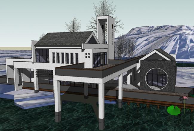 Sketchup商业模型|会所，售楼处，徽派，湖景，中式风格