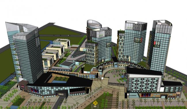 Sketchup综合体模型|大型城市商业综合体，多层高层混合，写字楼，公寓，步行街，购物中心，现代风格